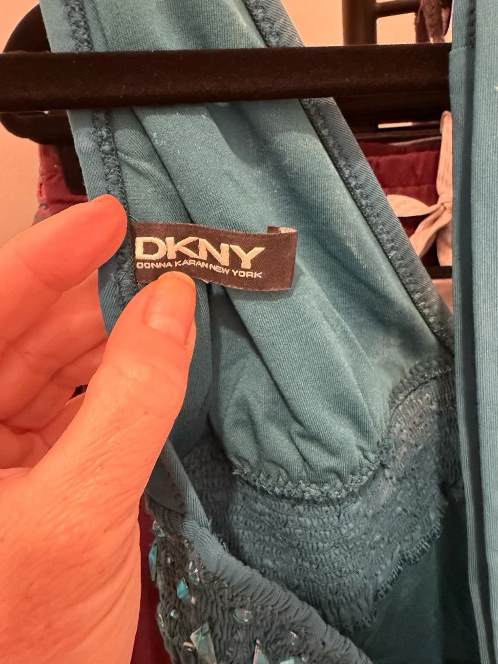 DKNY Embellished Halter One-Piece Swimsuit | Blue | Size 10 - Picture 4 of 4
